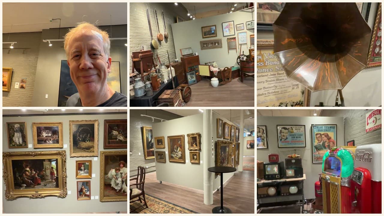 A grid of photos from Beautiful Things: framed paintings, antique objects and the galleries