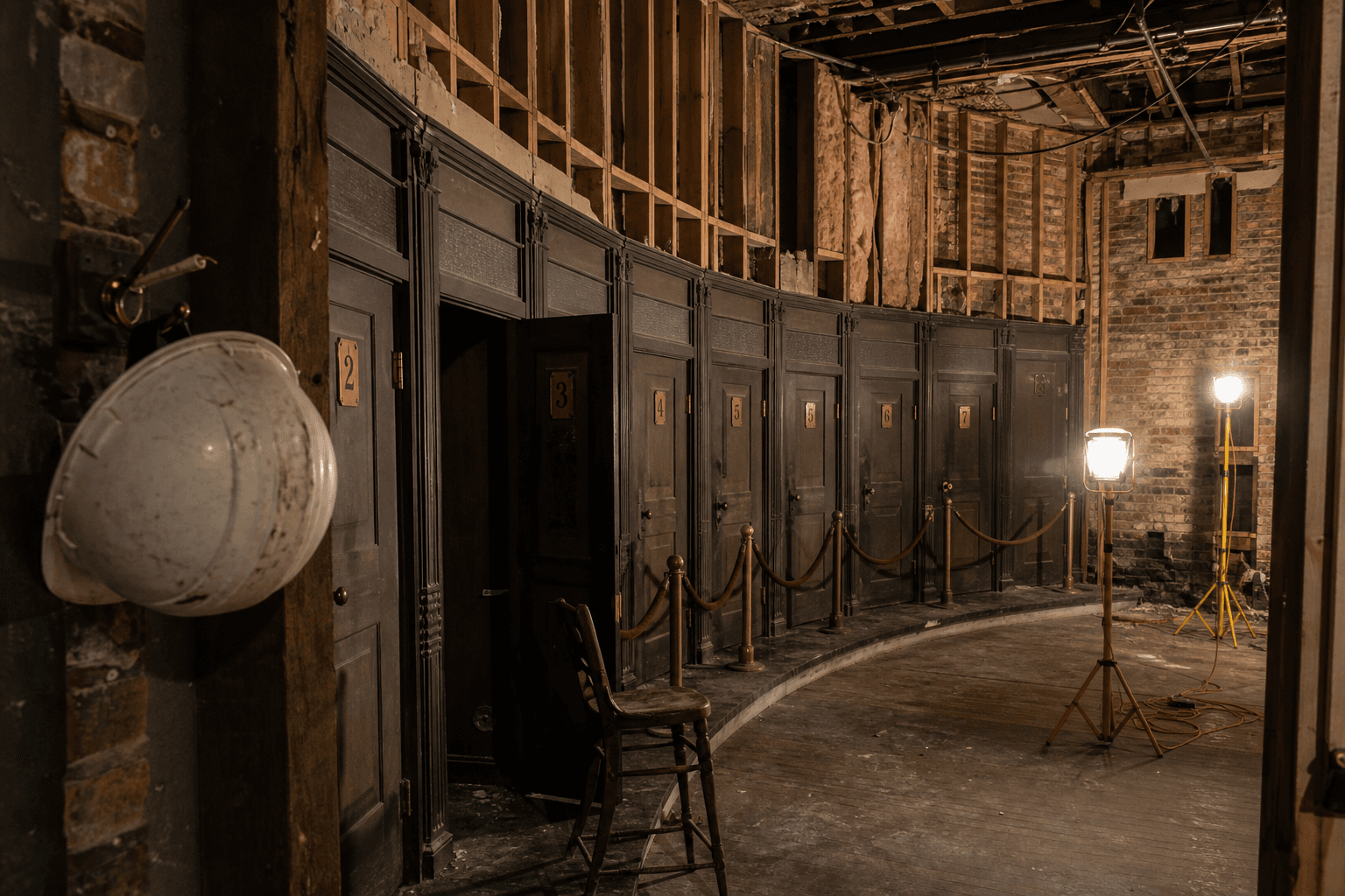 Inside the abandoned Lusty Lady today: a curved wall of dark wooden peep-show booths, brass-numbered doors, exposed 1893 brick behind the studs, construction lights