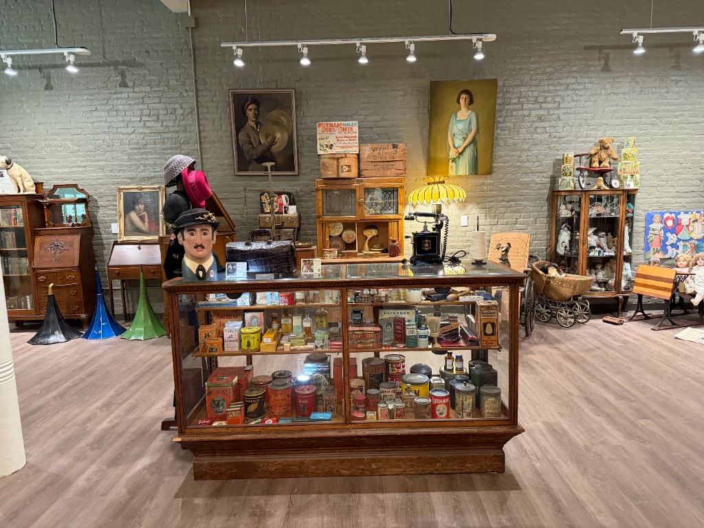An old store counter with display cases
